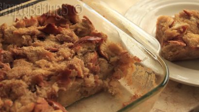 filipino bread pudding in a glass baking dish