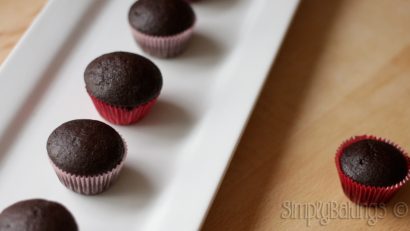 mini chocolate cupcakes in a white rectangular plate
