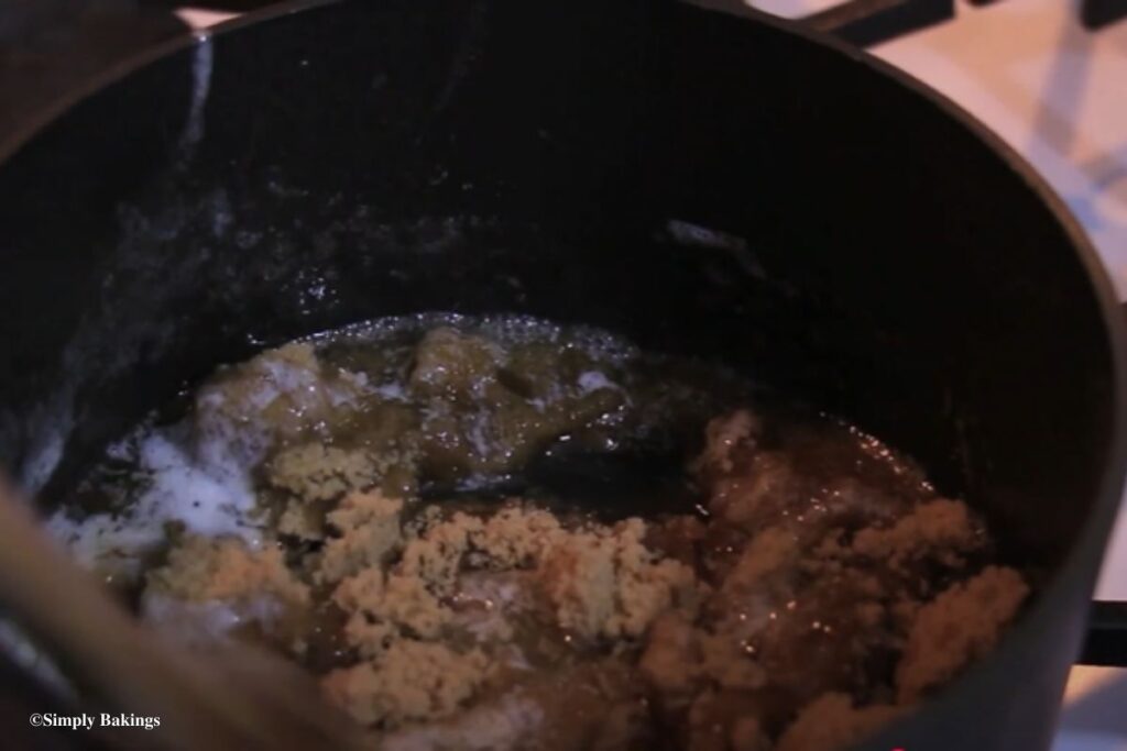 Sugar melting in a pan mixed with butter