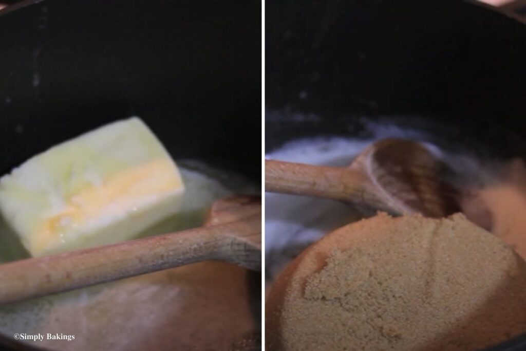 Wooden spoon in a pan with butter and sugar
