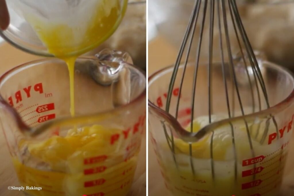 Egg poured into a measuring cup and whisked