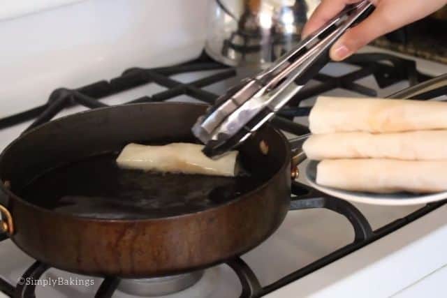 frying the turon in a shallow pan