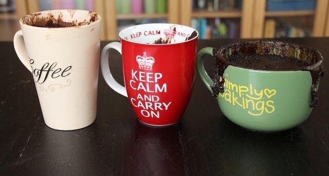 three freshly baked easy chocolate mug cakes