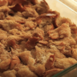 filipino bread pudding in glass baking dish