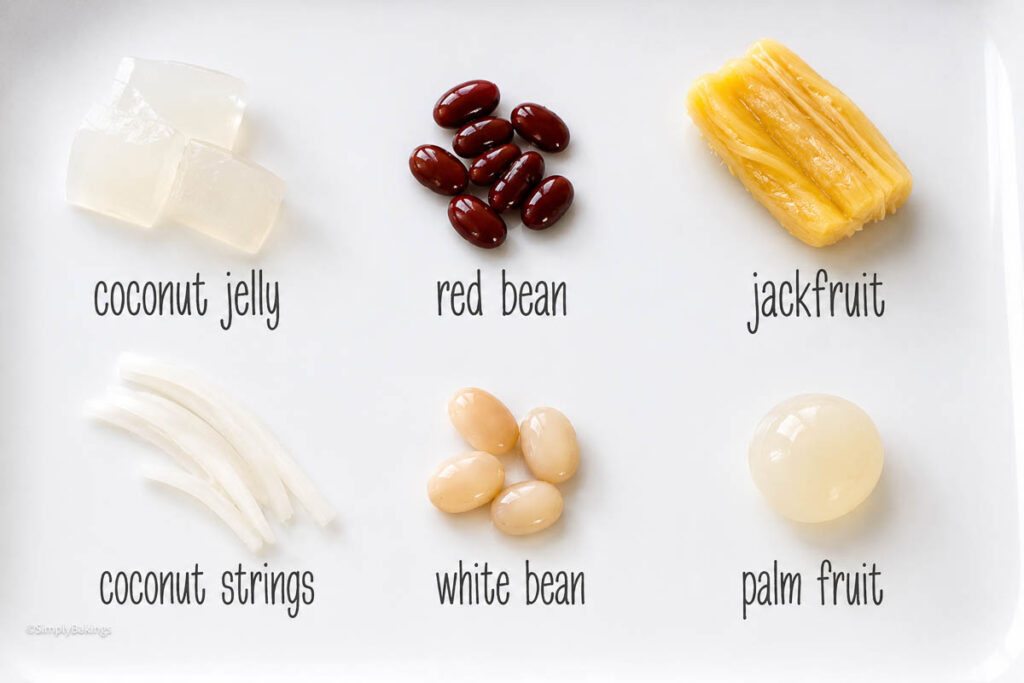 halo halo ingredients labeled on.a white plate