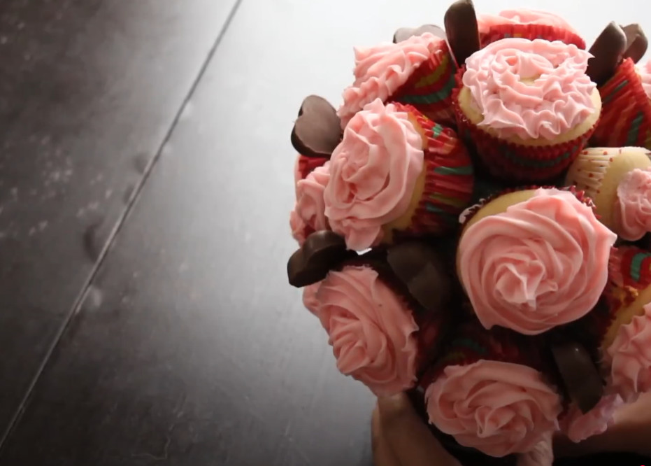 pink cupcake bouquet with chocolate hearts