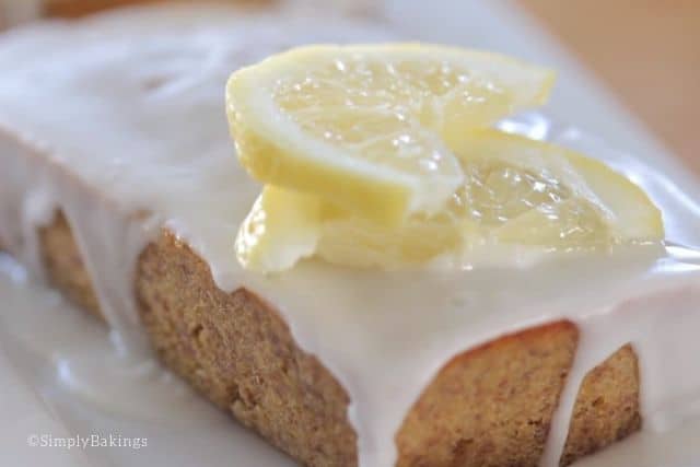 madeira cake with sugar glaze and fresh lemon slices