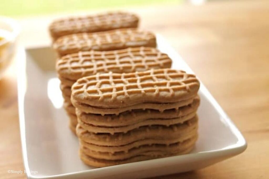 Nutter Butter cookies stacked on a plate