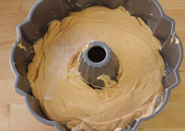 salted caramel bundt cake batter in a bundt cake pan