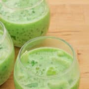buko pandan in a small glass cup on a brown table