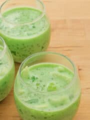 buko pandan in a small glass cup on a brown table