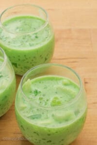 buko pandan in a small glass cup on a brown table