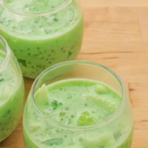 buko pandan in a small glass cup on a brown table