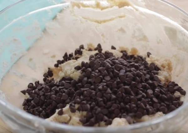 no bake cookie dough and chocolate chips in a mixing bowl
