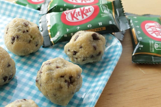 no bake green tea kitkat cookies on a checkered tray