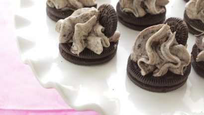 some delicious no bake Oreo cheesecake bites on a white plate