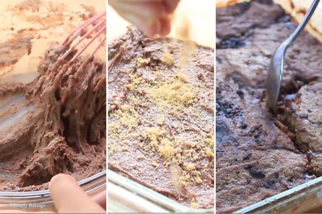 Cake batter being prepared then added into the pan