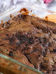 chocolate cake in a glass baking pan