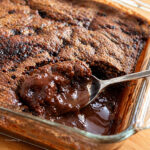 Hot Fudge Chocolate Cake in a glass pan