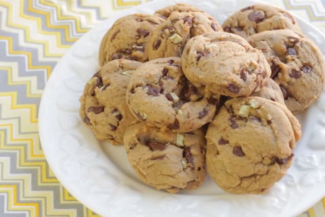 Mint Chocolate Chunk Cookies on a white plate