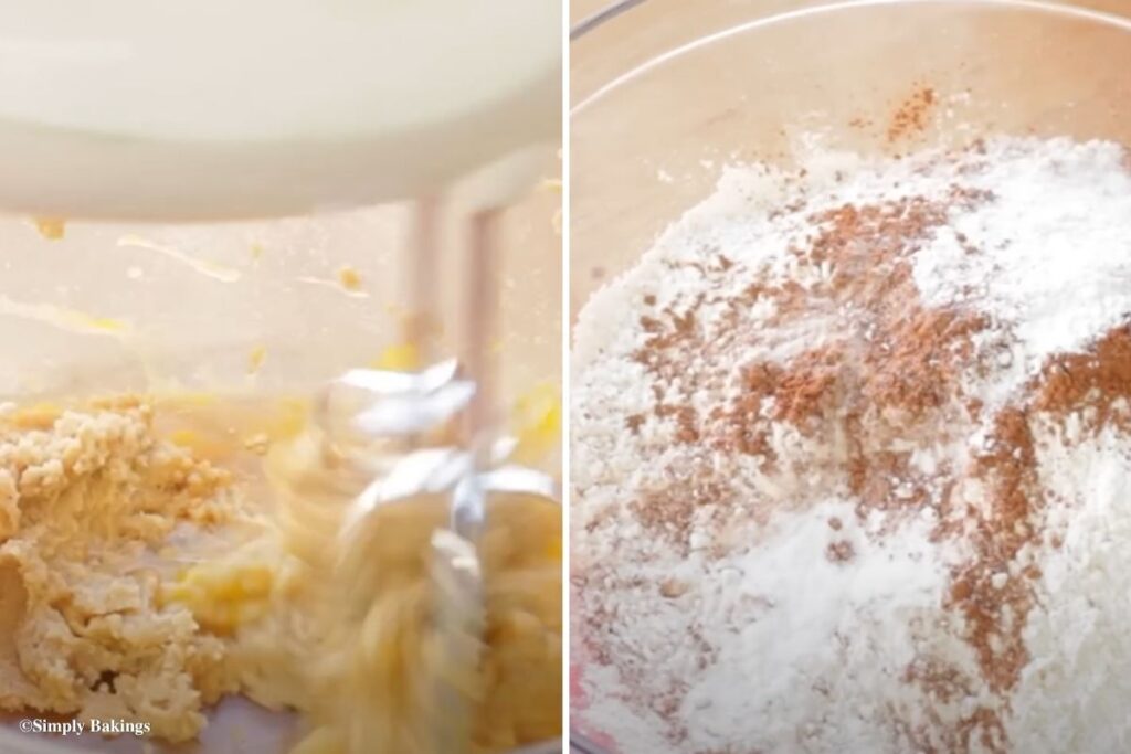 Electric mixer with cookie dough in a bowl