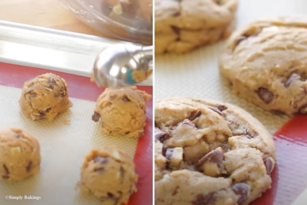 Cookie dough scoops placed on baking sheet