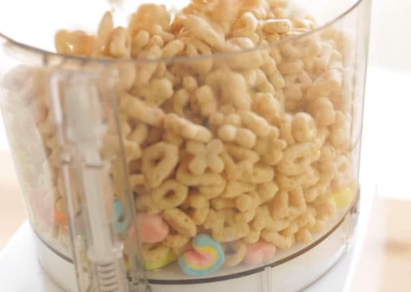lucky charms in a food processor for lucky charms cheesecake recipe