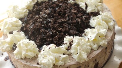 delicioous oreo ice cream cake on a white plate