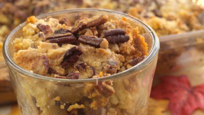 pumpkin dump cake in a shot glass