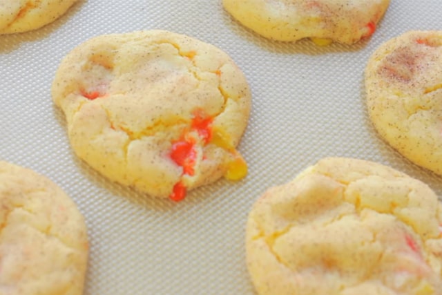 delicious snickerdoodle candy corn cookies oozing with melted candy corn