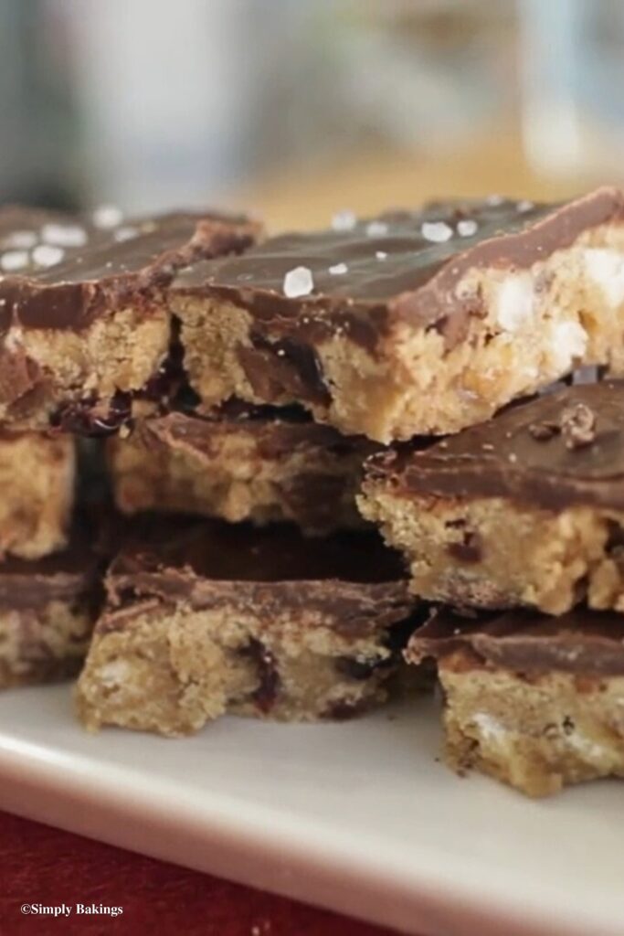 Chocolate Ganache Blondies piled on top of another