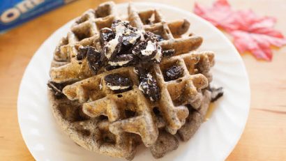 Delicious Oreo waffles on a white plate