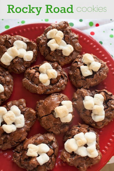 rocky road cookies on a red plate
