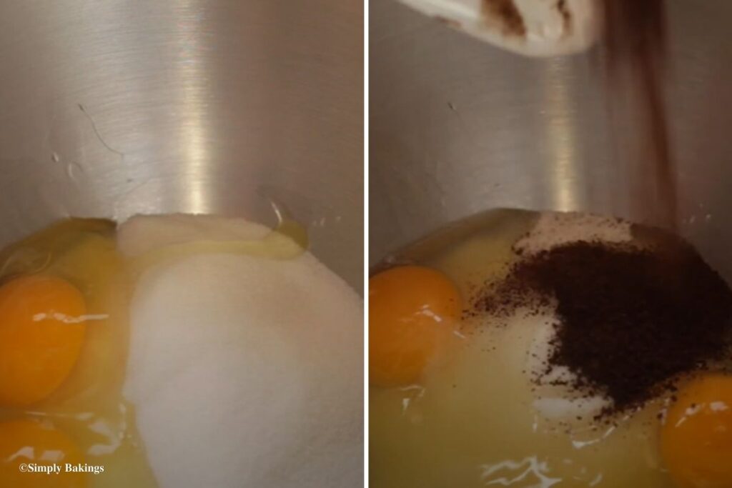 Eggs, sugar and coffee granules in a big bowl