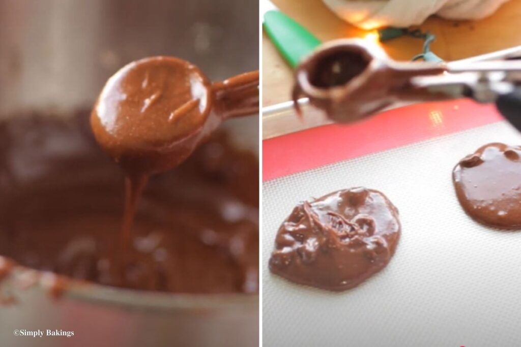 Tiny scooper filled with batter to spread on baking tray