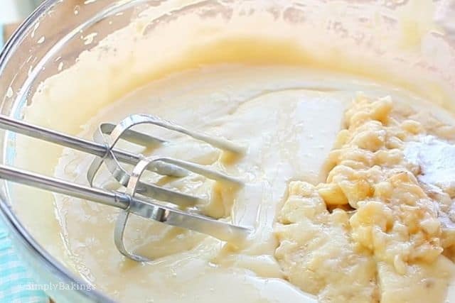 adding in the mashed bananas