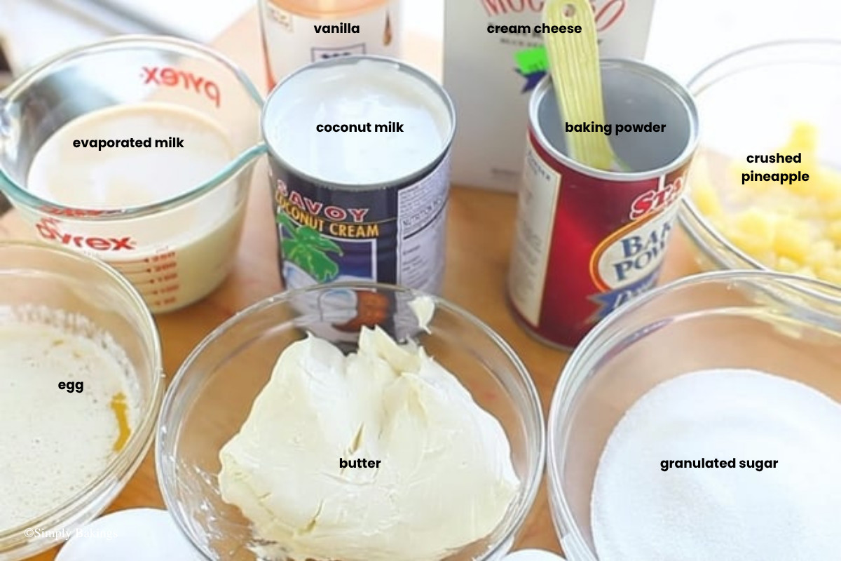 bibingka ingredients: vanilla, cream cheese, evaporated milk, coconut milk, baking powder, crushed pineapple, eggs, butter, granulated sugar, glutinous rice