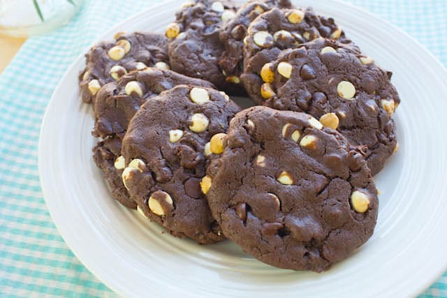 double chocolate chip cake mix cookies on a white plate