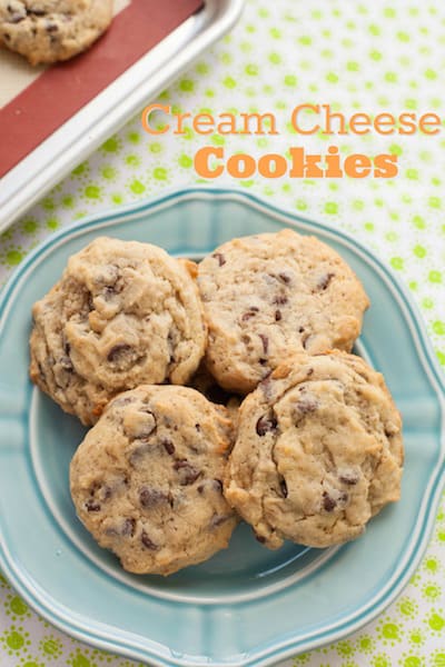 cream cheese chocolate chip cookies on a blue plate