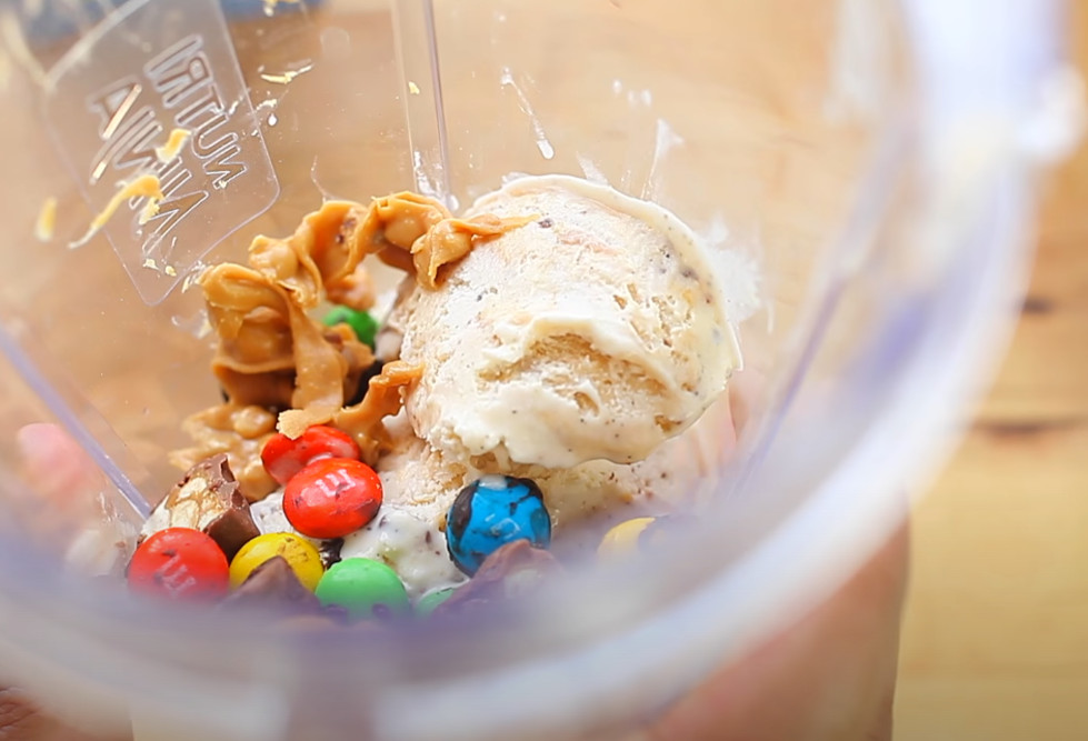 M&Ms, peanut butter, and whole milk. ice cream in a blender