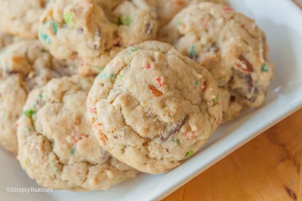Fruity pebbles cereal cookies on white plate