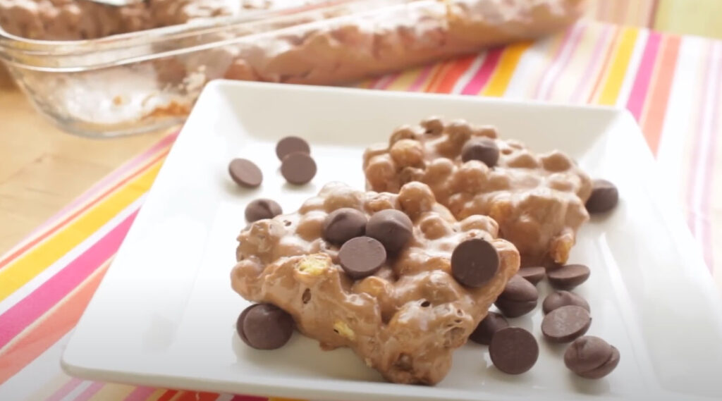 reese puff treats with chocolate chips on top