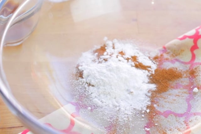 cinnamon powder, salt, cream of tartar, baking soda in a clear mixing bowl for snickerdoodle apple recipe