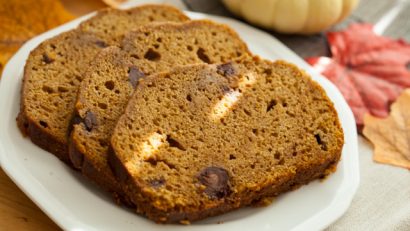 chocolate pumpkin bread on a white plate