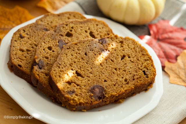 three slices of chocolate pumpkin bread on a white plate