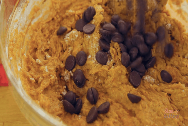 adding chocolate chips to the pumpkin chocolate chip bread batter