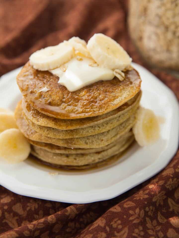 A plate of Vegan 5 Ingredient Banana Oatmeal Pancakes