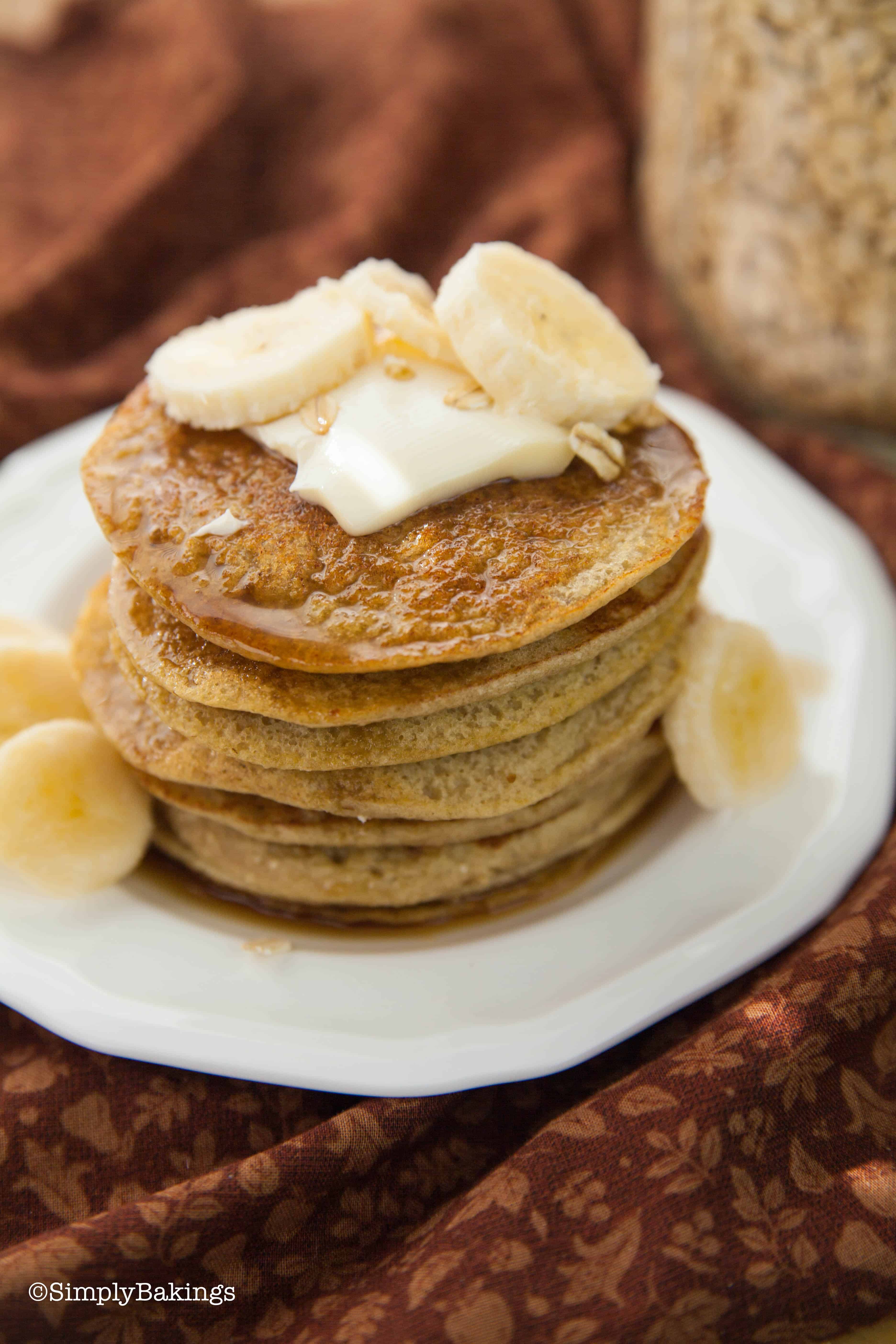 vegan banana oatmeal pancake with maple syrup