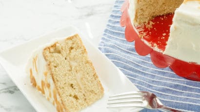 a slice of foolproof caramel cake on a white plate