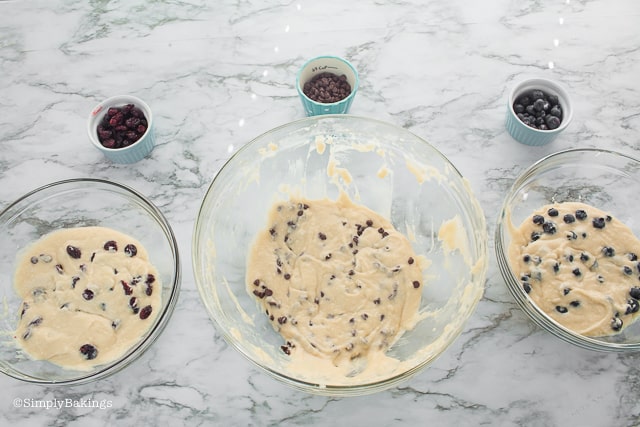 mixed in cranberries, blueberries and chocolate chips to the healthy vegan muffin batter